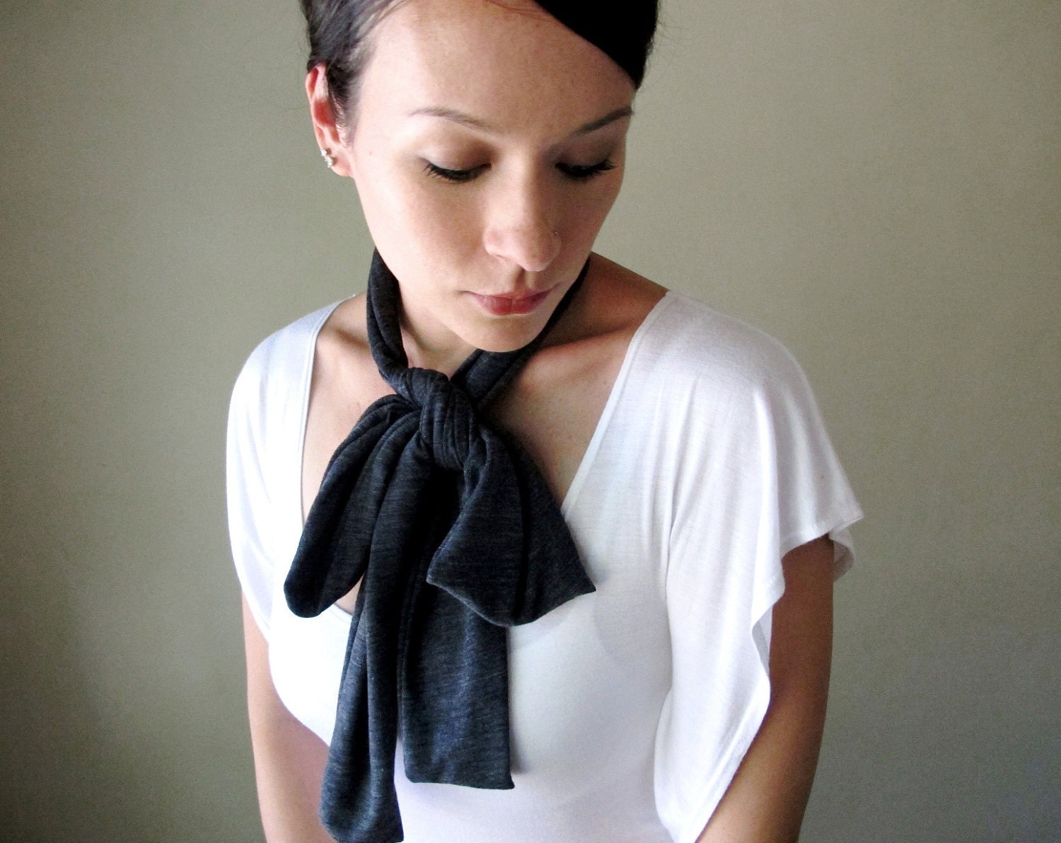 Gray Neck Bow - All In One Fabric Belt, Sash, Ascot - Cotton Head Scarf, Hair Wrap, Headband - Cotton Jersey Scarf