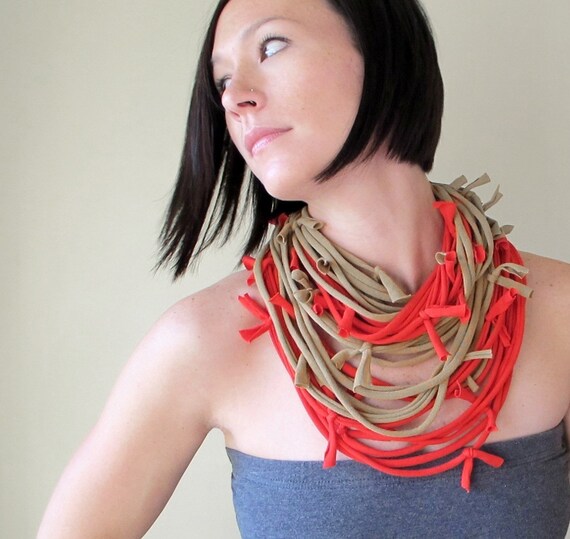 EcoShag Scarf Necklace - Eco Friendly Upcycled Cotton Jersey Scarf - Camel Brown Red