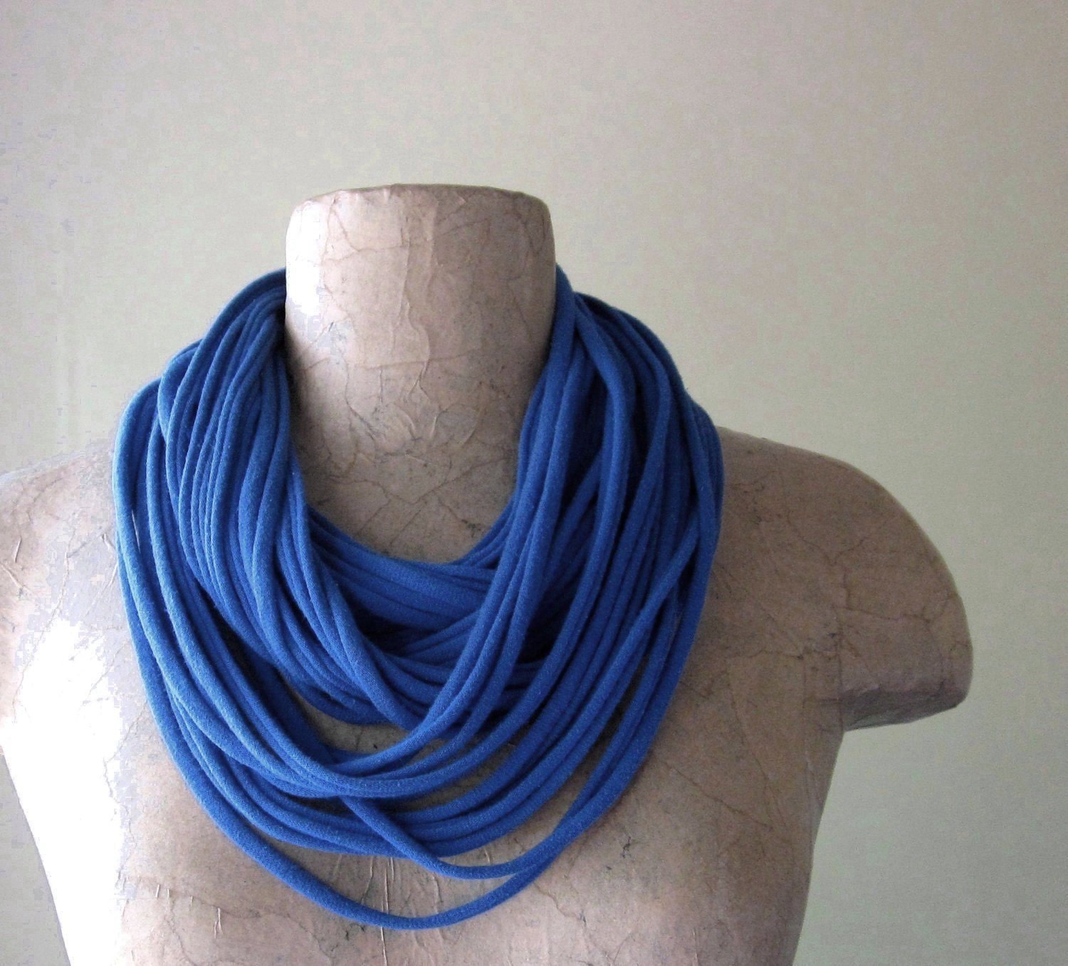 Closeout Sale - Long Blue Scarf Necklace - Upcycled Eco Friendly Jersey Cotton Scarf in Primary Blue