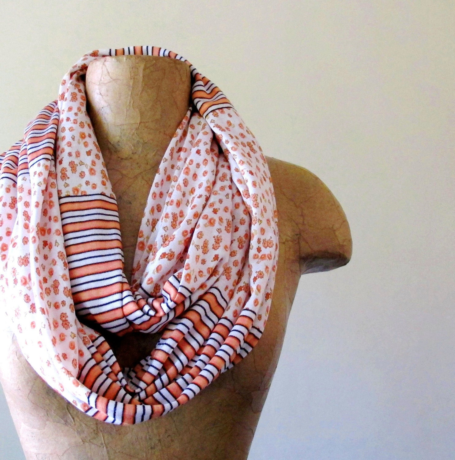 Coral Infinity Scarf - Coral Peach Flowers and Stripes - Handmade Cotton Jersey Circle Scarf - Womens Scarves