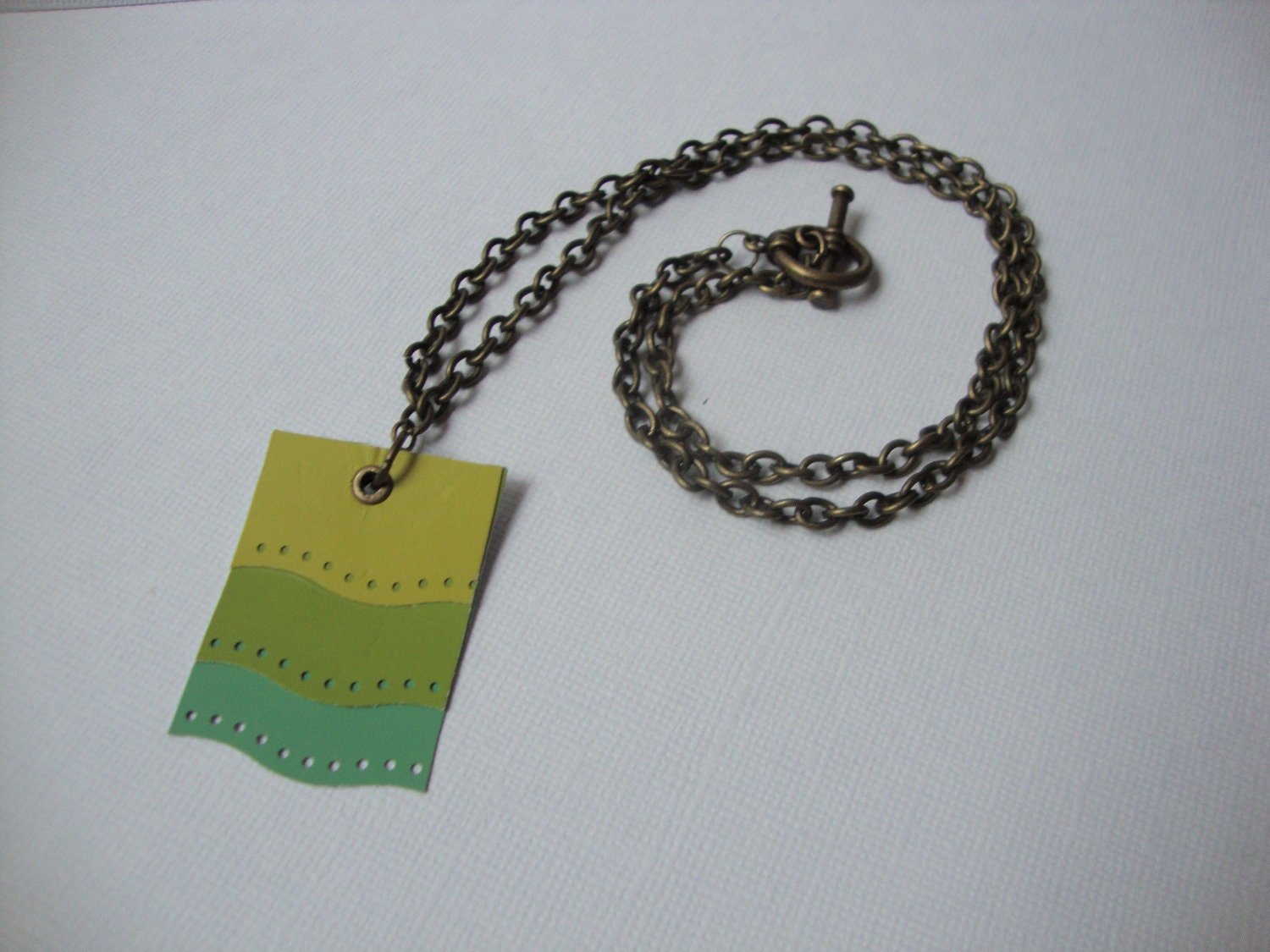 Paint chip necklace green, teal, pear on antiqued bronze chain
