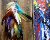 Here Comes the Sun, Bohemian Extra Long Single Chain Feather Earring-Hair Extension--12 inches long, Bronze Sun Charm- Symbolism