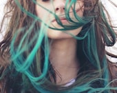 Turquoise Blue Tip Dyed Hair Extensions Dark Brown/Black, 22 inches long, Clip In Hair Extensions, Hippie Hair, Dipped Dyed Hair