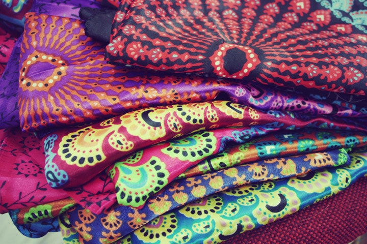 Silky Peacock Fabric, Hippie Tapestry, Bohemian Fabric, Chakra, Mandala, Rainbow, Bohemian Wedding, Festival, Summer. Prayer Flag, Garden