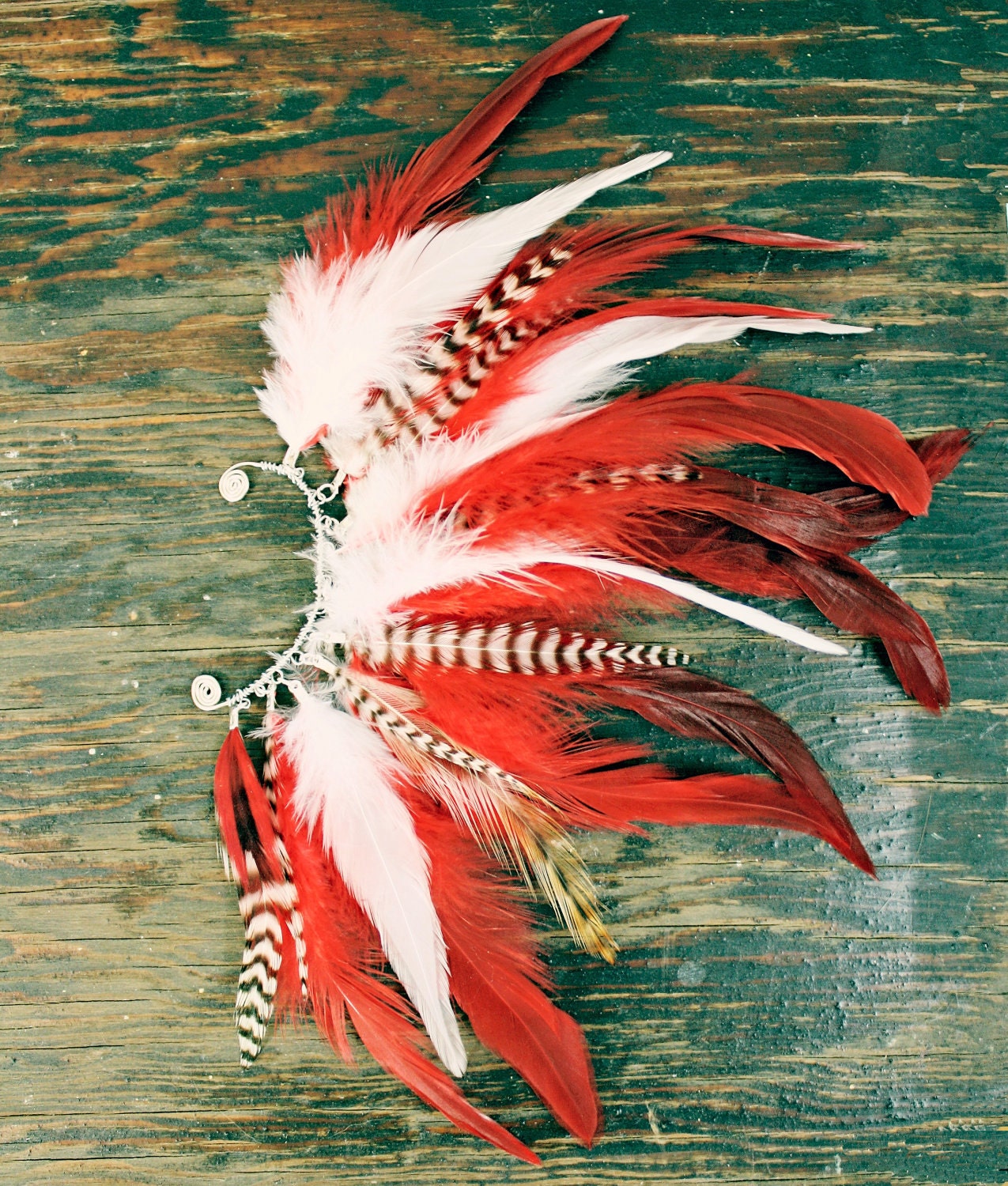 The Rising Phoenix, Handmade Feather Ear Cuff, Feather Earrings, Red, Sexy, Grizzly Feathers, Hippie, Bohemian, Tribal, Aztec