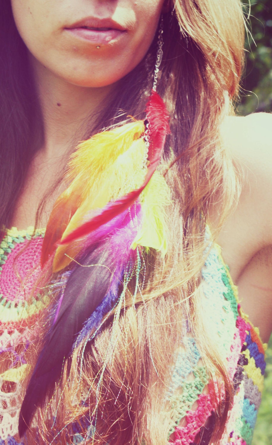 Double Rainbow, Extra Long Single Chain Feather Earring-Hair Extension--12 inches long, NEW iridescent Hair Tinsel- Symbolism