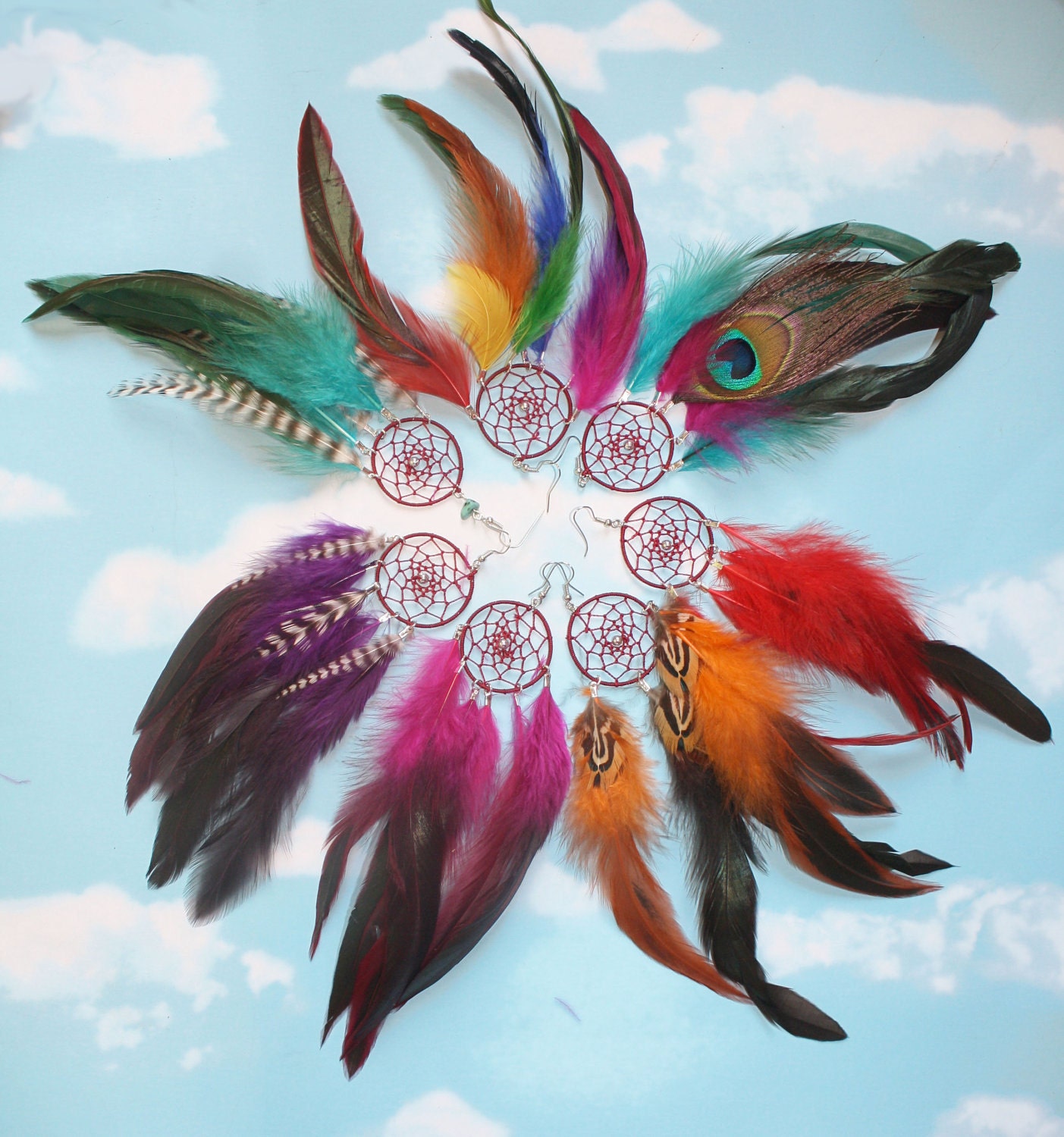 Handmade Dream Catcher Feather Earring Extra Long 8-9 inches, You Choose Feather Symbolism, Grizzly Rooster Hair Feathers