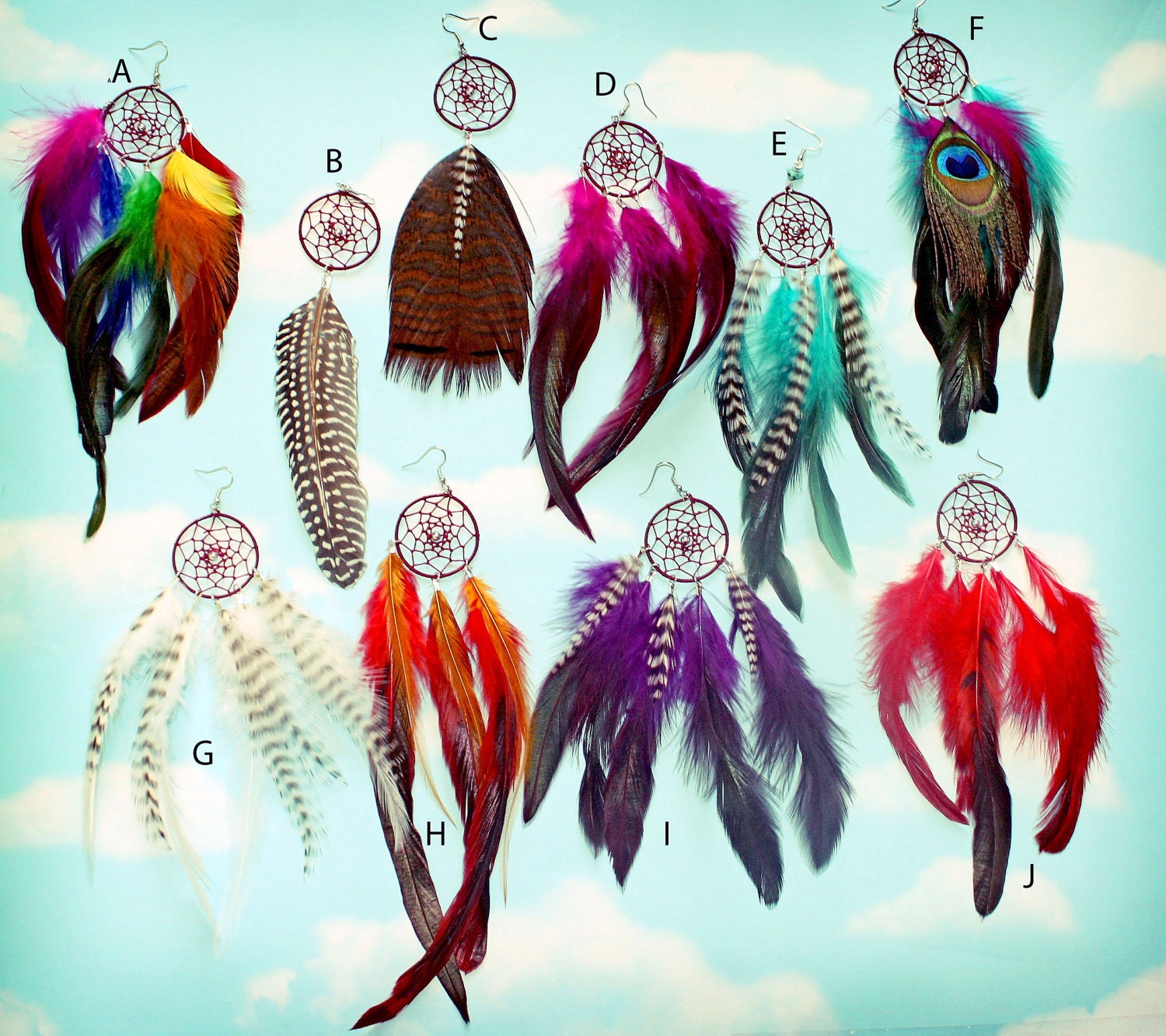 Handmade Dream Catcher Feather Earring Extra Long 8-9 inches, You Choose Feather Symbolism, Grizzly Rooster Hair Feathers