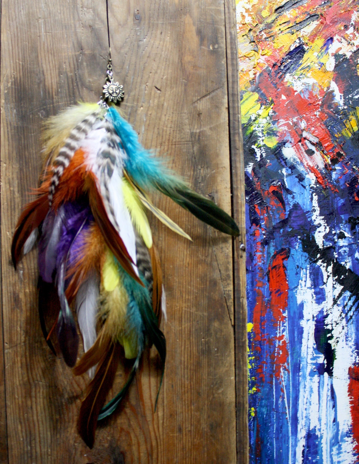 Here Comes the Sun, Bohemian Extra Long Single Chain Feather Earring-Hair Extension--12 inches long, Bronze Sun Charm- Symbolism