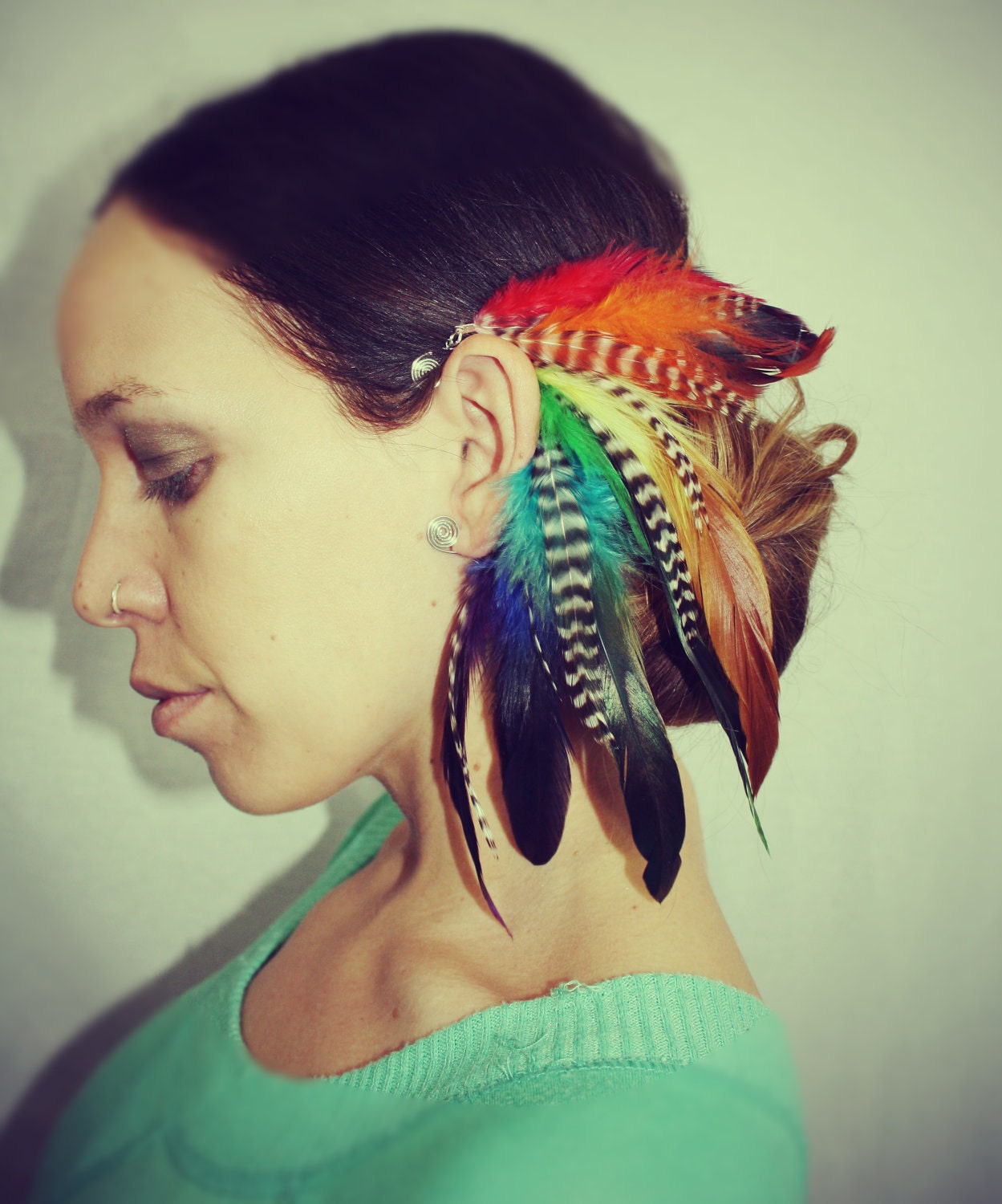 Handmade Rainbow Feather Ear Cuff, Earring,Grizzly Feathers, Colorful, Festival,Hippie, Bohemian, Tribal, Aztec