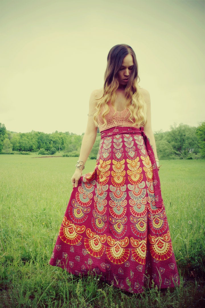Peacock, Long Hippie Wrap Skirt, Organic, Bohemian Skirt, Cotton, Tapestry, Wrap Skirt, Wrapron, Sundress, Tribal Sun, Moon, Festival Skirt