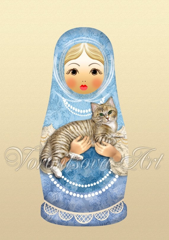 ACEO Matryoshka cat doll digital print of original illustration. Download and print