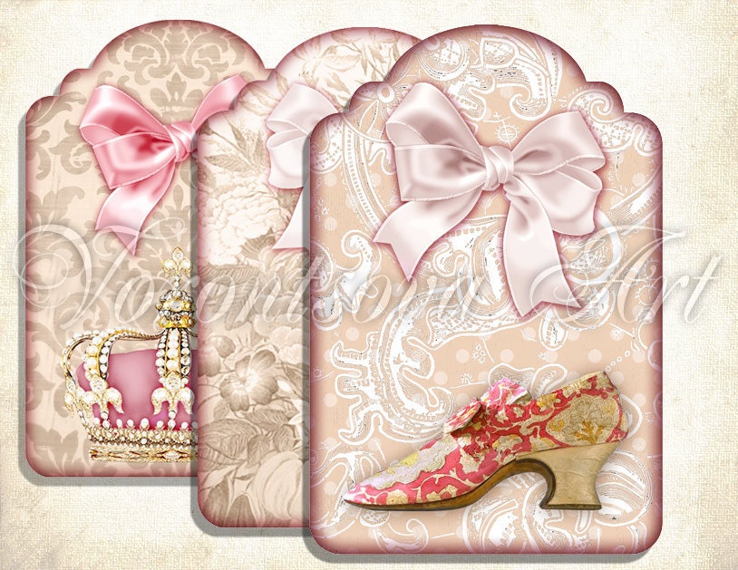 Crown shoe fleur de lis Marie Antoinette vintage french gift tags. Digital Collage Sheet Printable download image.903