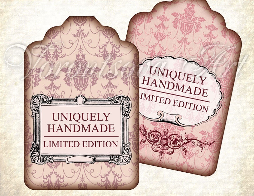 Uniquely handmade vintage gift tags Digital Image Collage Sheet. Vintage hang tag, shop label. Printable download. ACEO.912