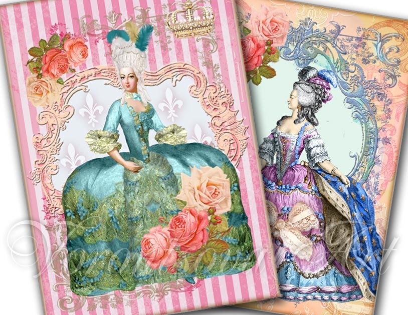 Marie Antoinette Notecards Gift Tags Digital Collage Sheet. Printable Imade. 403