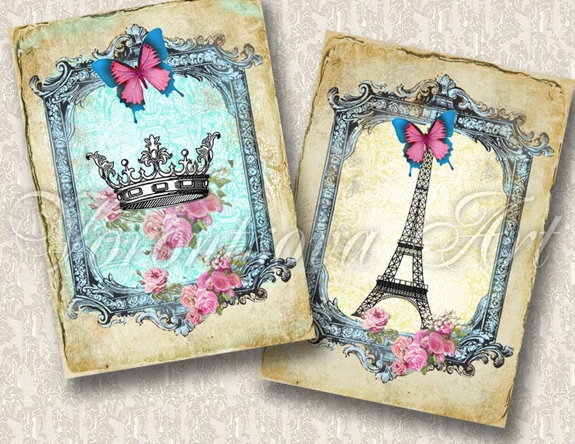 ROYAL Paris SHABBY CHIC Printable 2 postcards set. Personal & Commercial Use. Digital Collage Sheet. paper packaging product labels shop.055