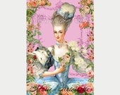 Marie Antoinette digital collage sheet. French rose in pink frame. Rococo gift tags, romantic postcards.  Printable download. 080b
