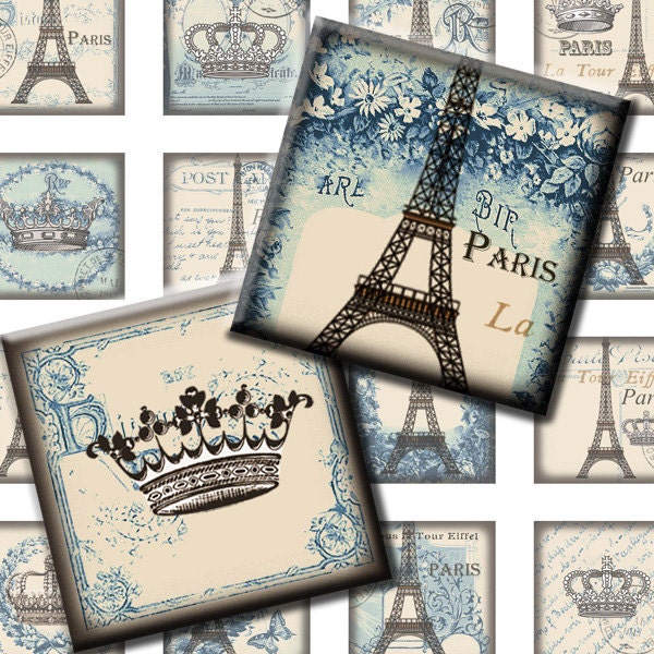 Paris Shabby blue. French Crown Eiffel tower 1x1 inch square tiles. Digital Collage Image. Pendants, gift tag. 339