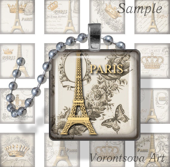 Paris ivory Eiffel tower gold Crown.  1x1 inch square tiles. Digital Collage Image sheet for scrabble tiles, resin pendants. 307