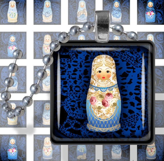 Blue Matryoshka dolls - Babushka. Digital Collage Sheet. Matrioshka Printable Imade 1x1 inch square tiles for glass pendants, magnets. 3024