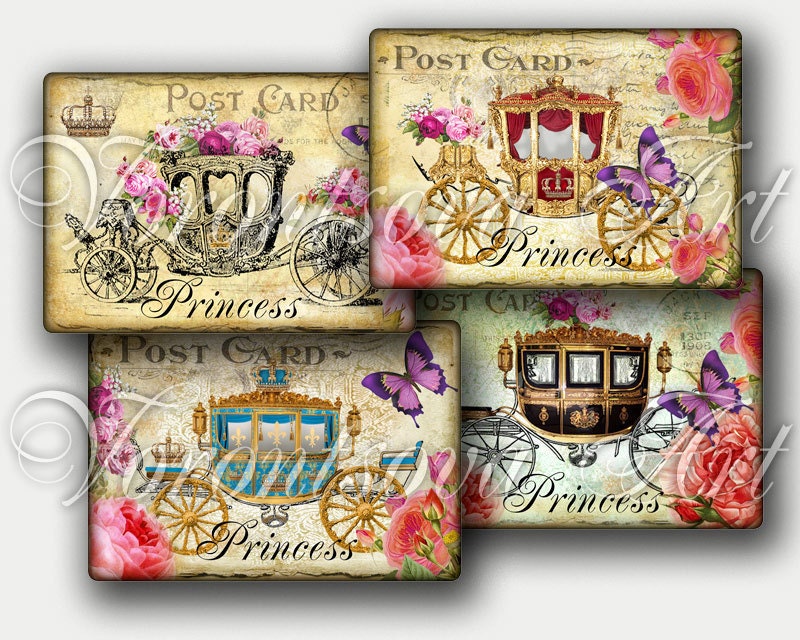 Princess Cinderella carriages postcard set. Digital Collage Sheet. Printable Imade for gift tags. 4449