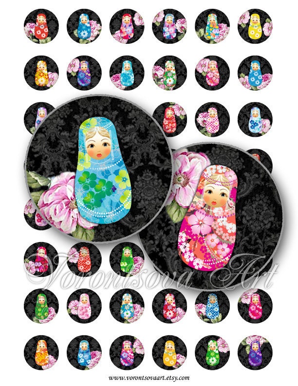 RUSSIAN MATRYOSHKA Digital Collage Sheet 1 inch Circle image Babushka Dolls. Printable digital images for bottlecaps, magnets, pendants 8221