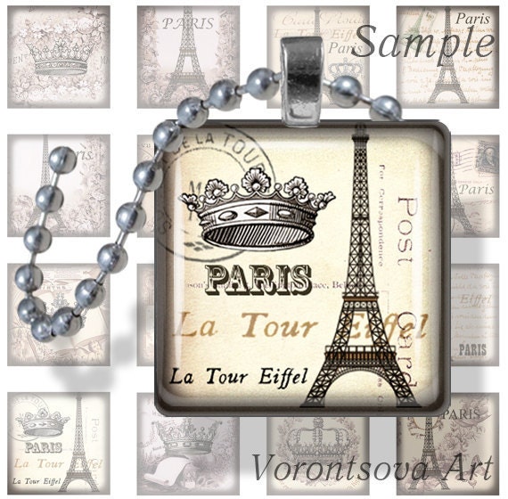 Paris ivory Shabby Chic Crown Eiffel tower 0.75 x 0.75 inch square tiles. Digital Collage Image sheet scrabble tiles for pendants. 30975