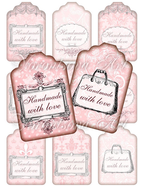 HANDMADE WITH LOVE Digital Collage Sheet. Printable gift tags. Vintage shop label download. 9237