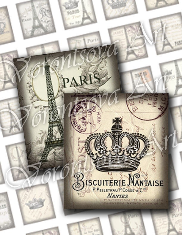 Paris Graphic Shabby. Crown Eiffel tower 75 x 83 square tiles. Digital Collage Image sheet for scrabble tiles, resin pendants. 311b
