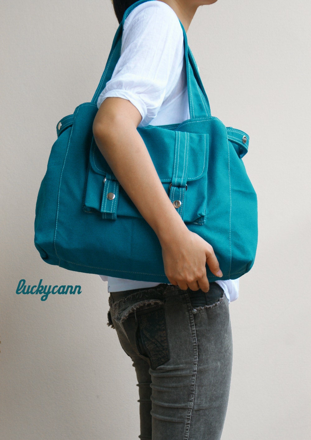 CARSON // Teal // 034 // Everyday Canvas Bag handmade // Luckycan // Holiday Sale // 10% off