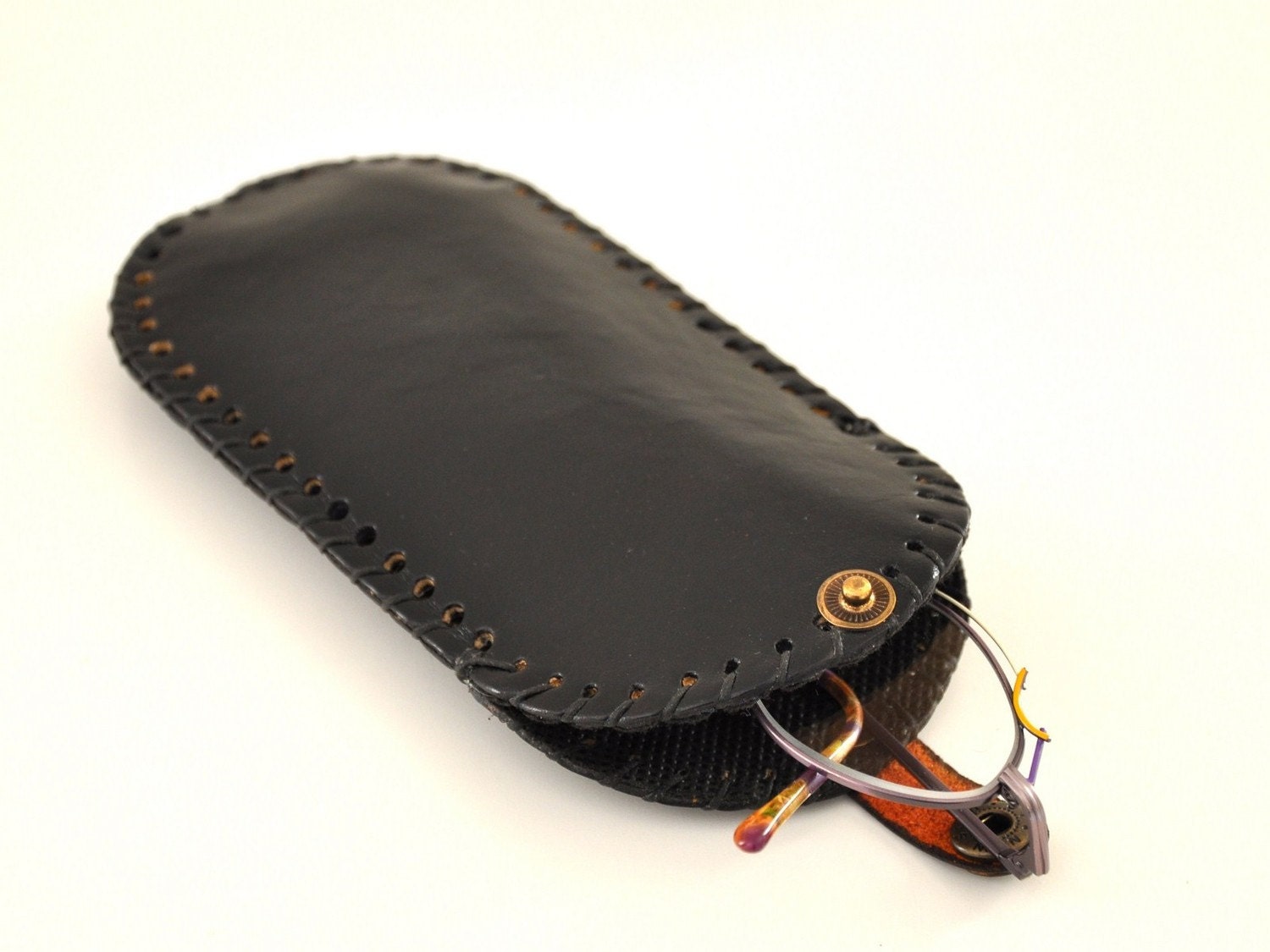 Leather Eye Glasses Case Cover Hand Stitched Black  Back to School
