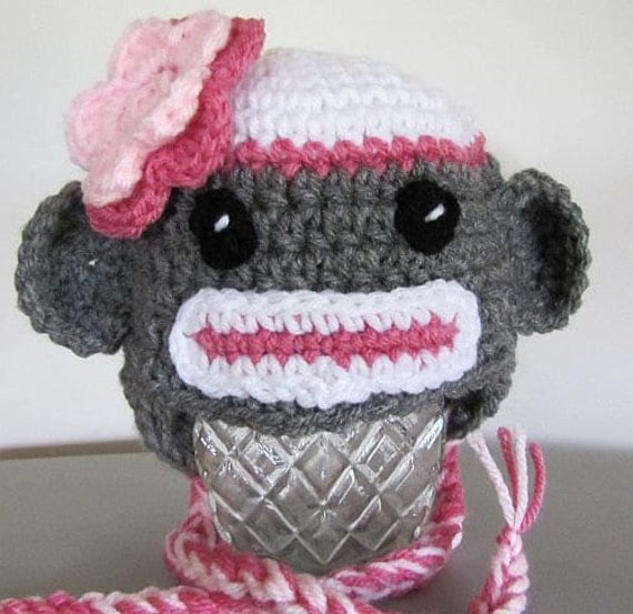 sock monkey hat for newborn (0-3 mon) with pink