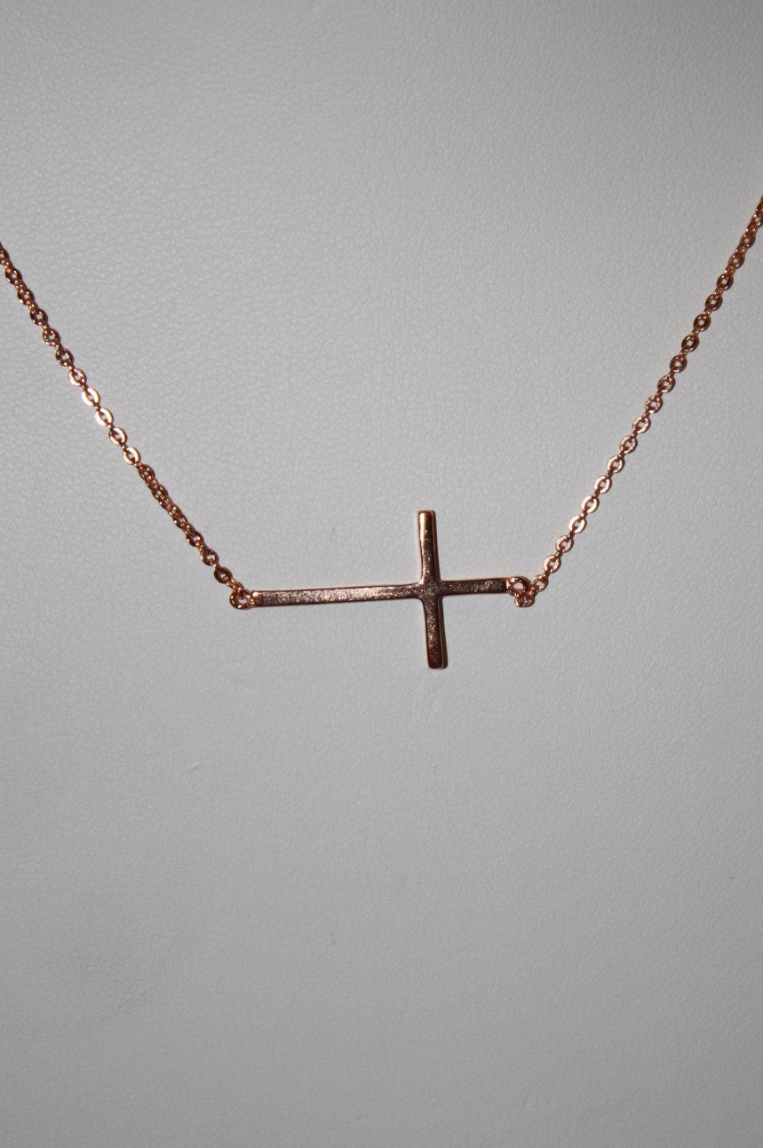Rose Gold Skinny Sideways Cross, Rose Gold Filled - Celebrity Inspired