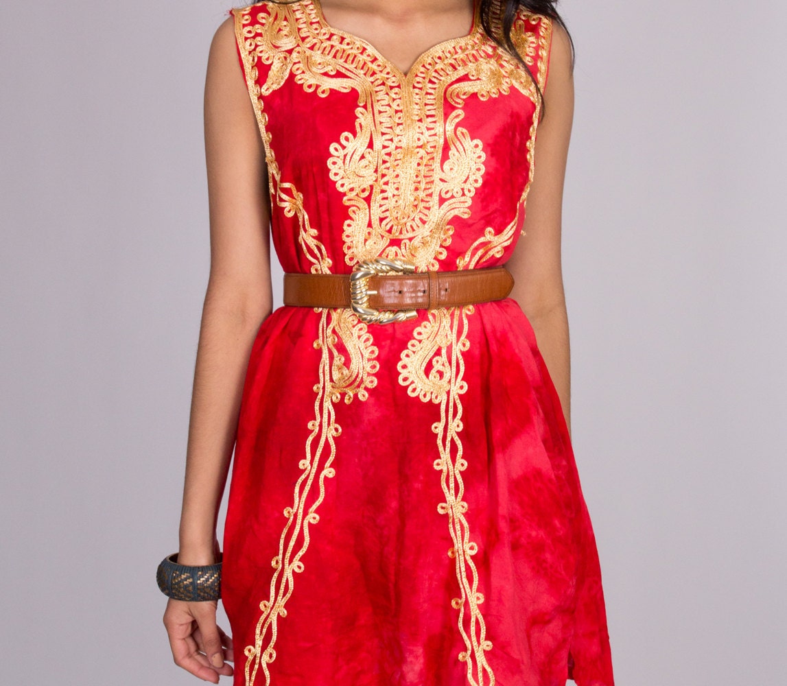 Vintage Red Indian Dress with Gold Embroidery Size Medium