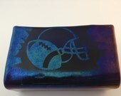 Business Card Holder Fused Glass Black and Blue Football  Gift 158