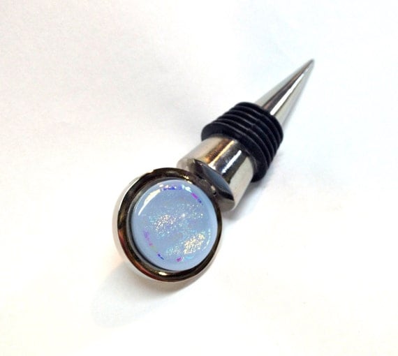 Wine Stopper Dichroic Fused Glass  Lavender Rainbow Glitter Stainless Steel 150