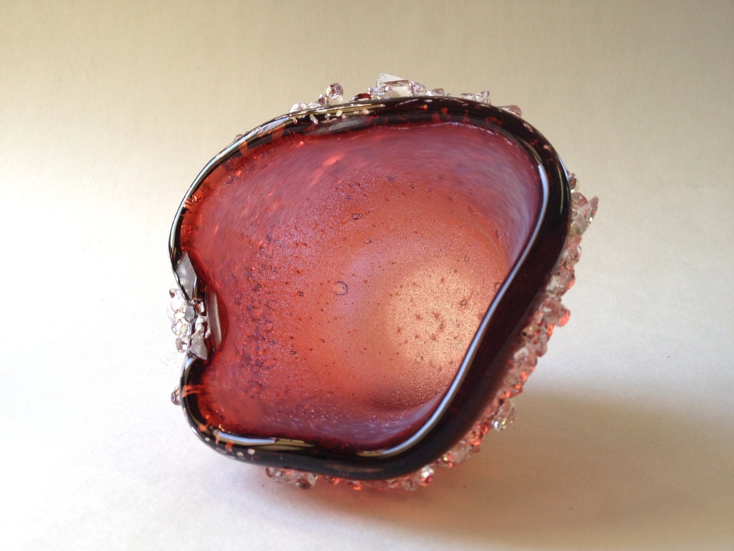 Fused  Dichroic Glass Candle Holder Coppery  Red  Tea Light  Candle Holder Crystals Small Dish 287