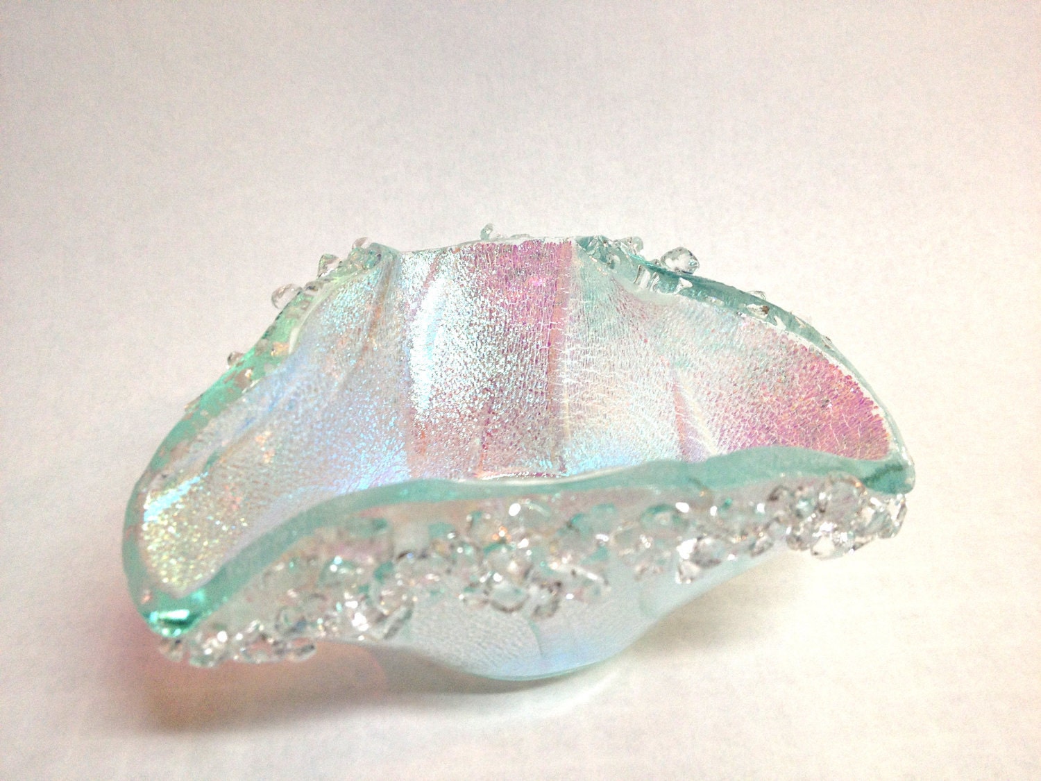 Fused Dichroic Glass Candle Holder Aqua and Silver with a Pink Reflection Tea Light 82
