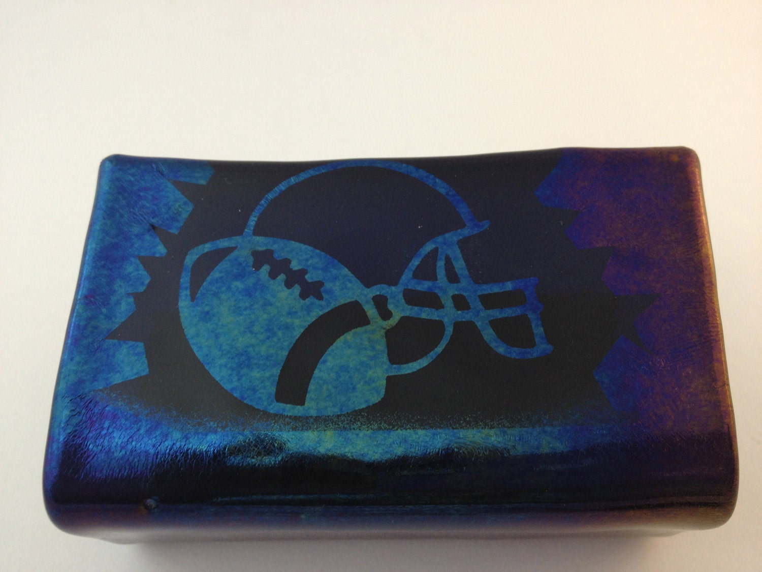 Business Card Holder Fused Glass Black and Blue Football  Gift 158