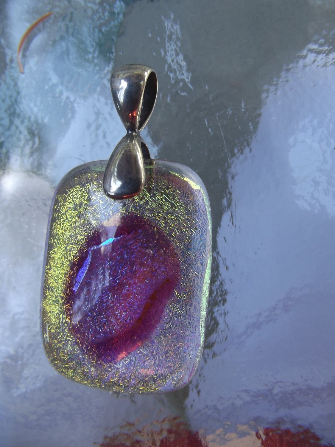 Fused Glass Jewelry Gold Pink Dichroic Pendant Necklace  Sterling Silver Bail 292