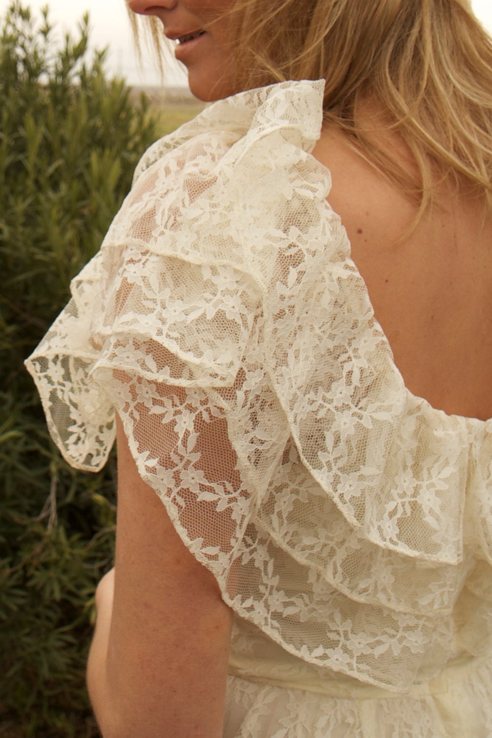 Vintage Wedding Gown Lace Ivory Ruffled 70s Bohemian Hippie Dress - Jude