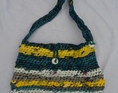 Crocheted Plastic Grocery Bag Purse - White, Blue, Yellow, & Grey