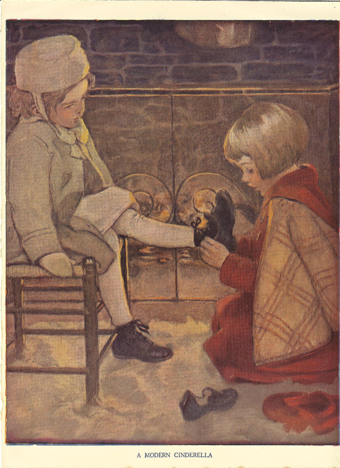 Vintage 1930s Jessie Willcox Smith Childrens Print- Little Girl Helps Take Off Another Girls Outdoor Shoe.