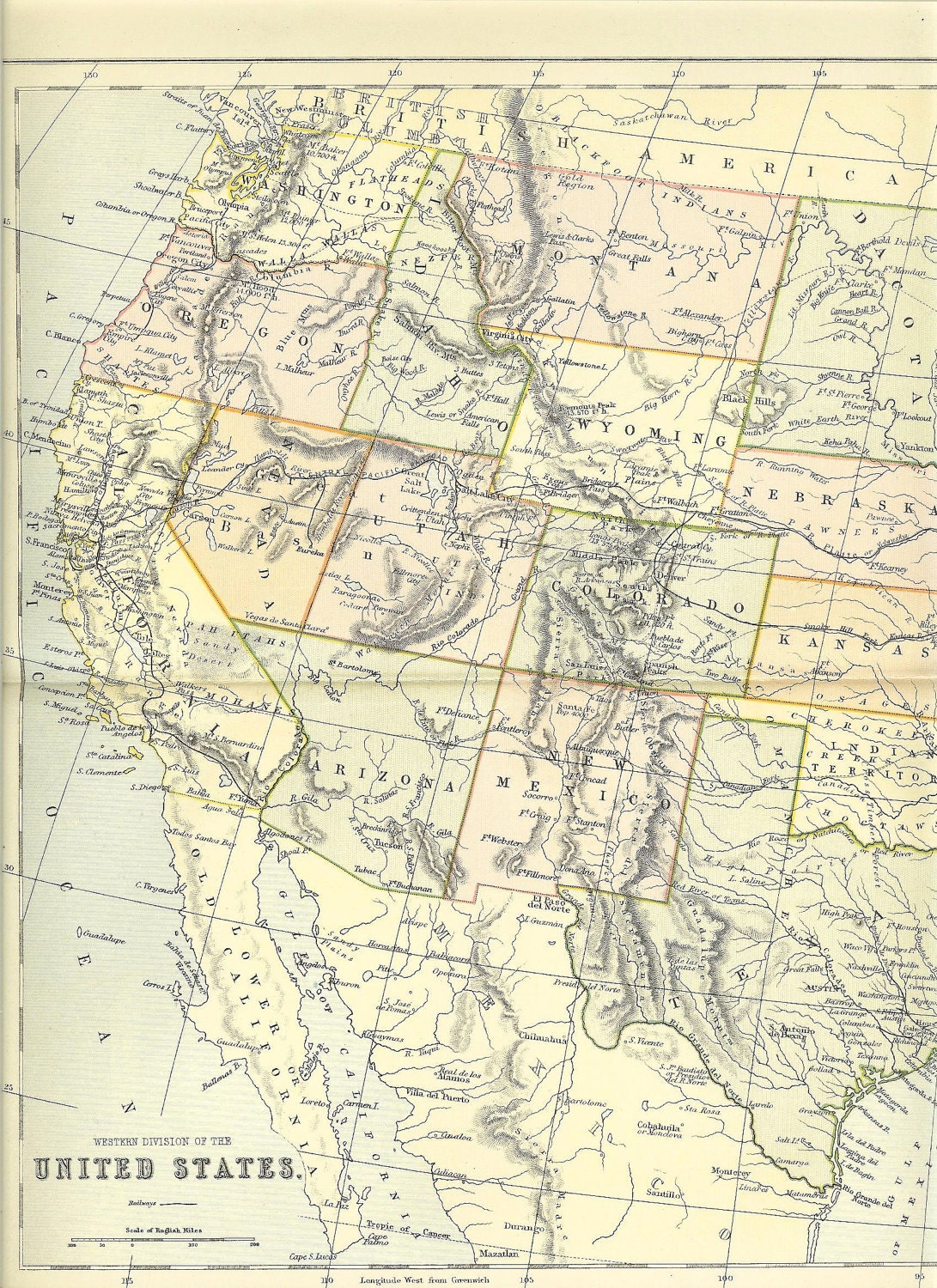 1880s Antique Map Of The Western Division Of The United States Of America. Ideal For Framing.
