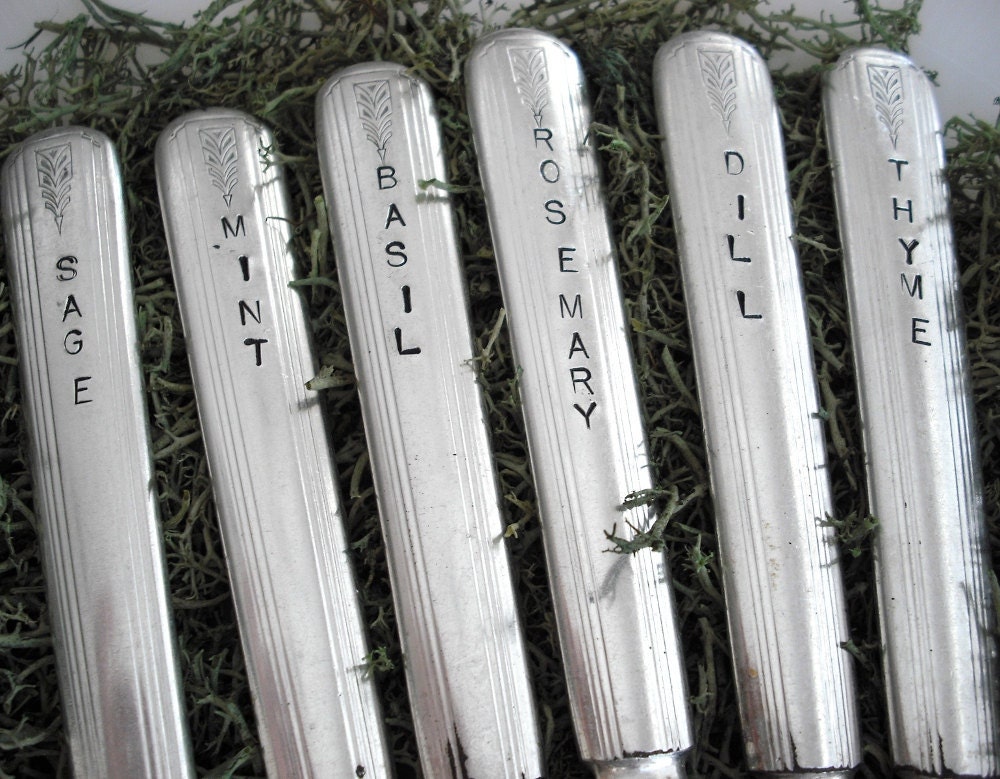 Vintage Silver Plated Hand Stamped Herb Knife Handle Markers - SET of 6 - sage, mint, basil, thyme, dill, rosemary