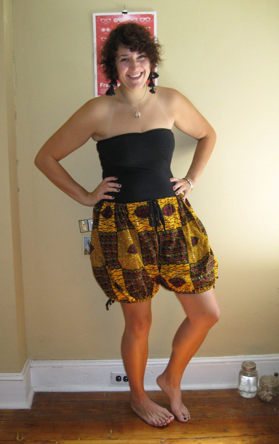 Dutch Wax Cotton Drawstring Bubble Shorts in Yellow Lip and Eye