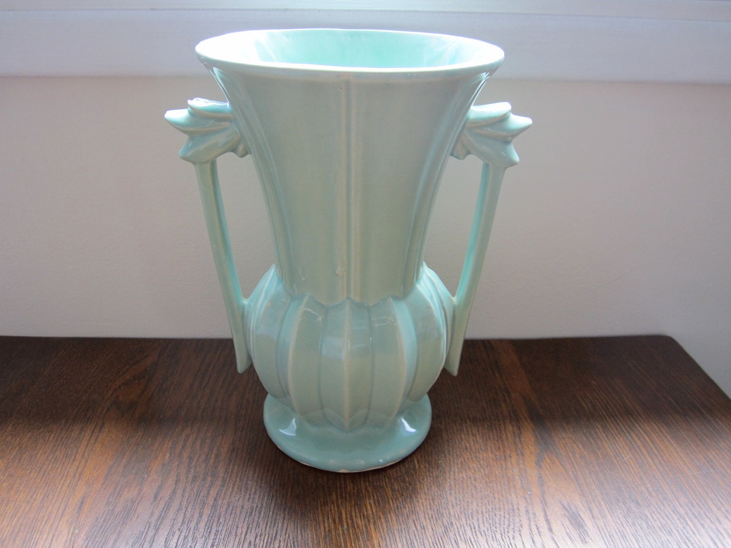 Huge vintage McCoy pottery art deco mint green double handled vase