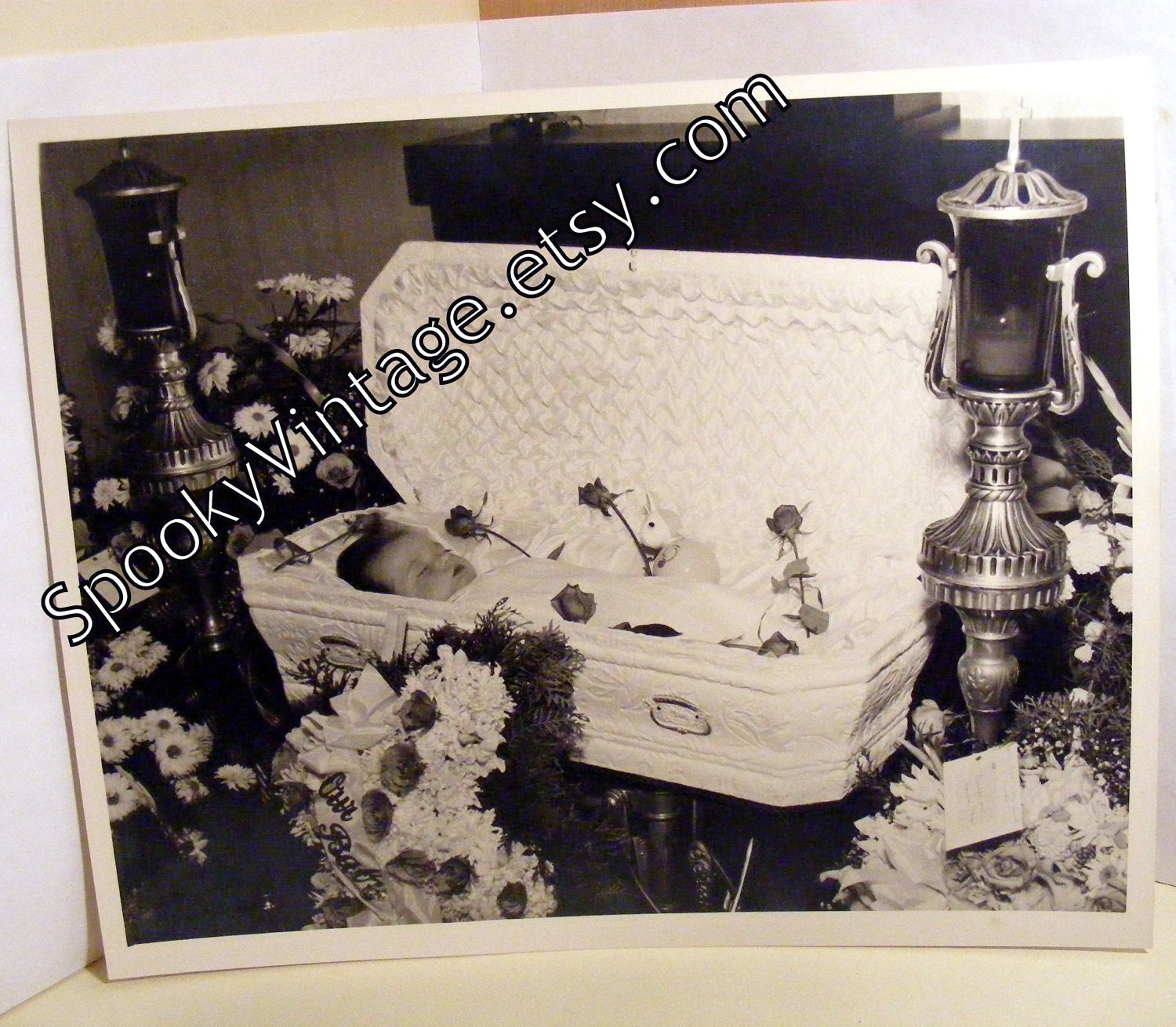 ON SALE / Post Mortem LARGE Photo 8 x 10 / Infants Funeral (1949) / Our Baby - Roses and Rabbit Toy in Coffin
