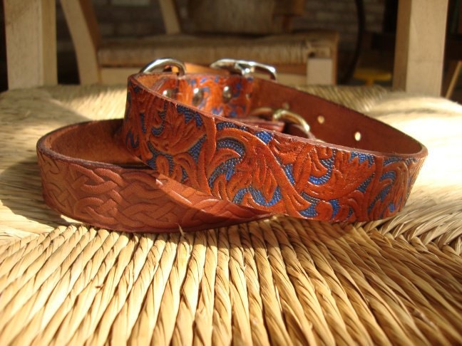Embossed British Tan and Blue Leather Dog Collar. Hand Dyed and Painted Western Vine Pattern. Size Small, Medium, or Large.