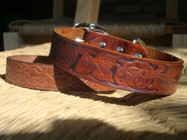 Custom Hand Embossed 1 1/4" Rustic Brown Leather Dog Collar. Western Rose Design. Custom Size Medium or  Large.